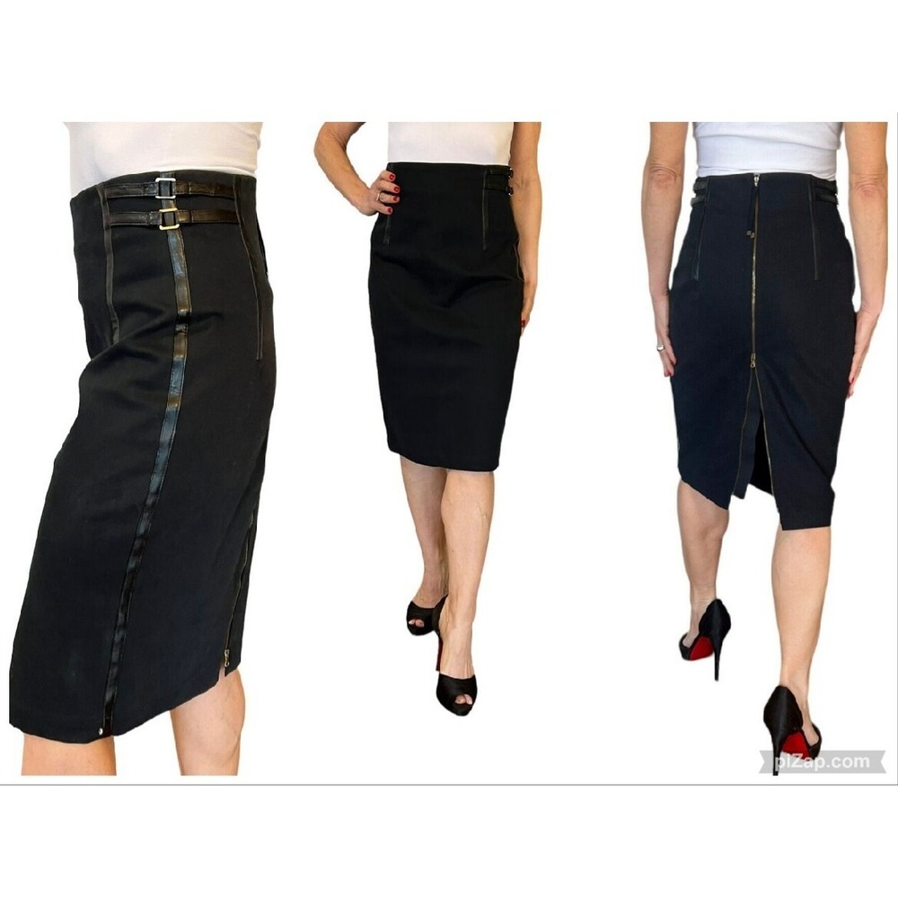 SPORTMAX MAX MARA BLACK SKIRT HIGH WAISTED  COTTON PENCIL MIDI LEATHER TRIM SZ 6